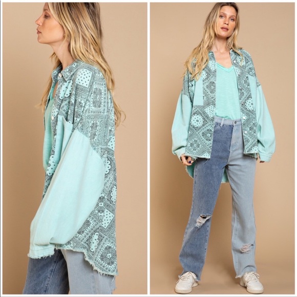 ★POL★ Mint Green Vintage Cotton Twill Shacket★ - Picture 1 of 14